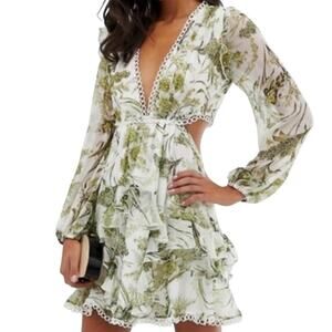 Asos Floral Cluster Embellished Long Sleeve Cut Out Ruffled Mini Dress Size 6